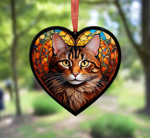 Tabby Cat Stained Glass Effect Heart Suncatcher